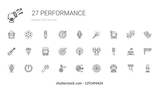 performance icons set. Collection of performance with magician, target, unicycle, magic wand, power, microphone, mask, darts, ukelele. Editable and scalable performance icons.