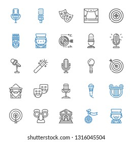 performance icons set. Collection of performance with magician, unicycle, theater, mask, target, lyre, microphone, theater masks, wizard. Editable and scalable performance icons.