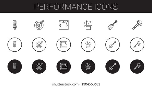 performance icons set. Collection of performance with microphone, darts, stage, magician, ukelele, magic wand. Editable and scalable performance icons.