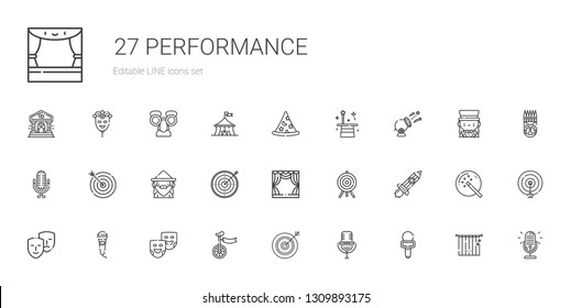 performance icons set. Collection of performance with microphone, darts, unicycle, theater masks, comedy, rising, target, stage, wizard. Editable and scalable performance icons.