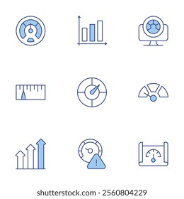Performance icons set. Line Duotone style, editable stroke. performance, bar graph, increase, slow, speed limit, speedometer.