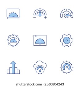 Performance icons set. Line Duotone style, editable stroke. optimization, bandwidth, control, growth, high performance, measurer, productivity, speed.