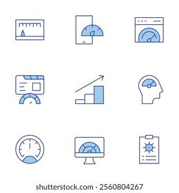 Performance icons set. Line Duotone style, editable stroke. bandwidth, data analysis, growth, high speed, mobile, overtime, speed, speedometer.