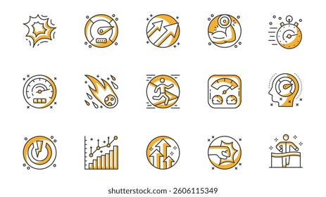 Performance icons set in outline stroke design for web. Pack line pictograms with exploding, speedometer, increase arrow, strength, stopwatch, meteor, running, boost, push, other. Vector illustration.