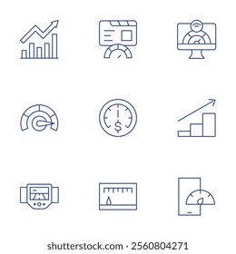 Performance icons set. Thin Line style, editable stroke. bandwidth, growth, mobile, progress, speed, speedometer.