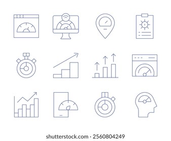 Performance icons. Thin Line style, editable stroke. speedometer, web, performance, progress, bandwidth, data analysis, growth, high speed, mobile, overtime, statistics.