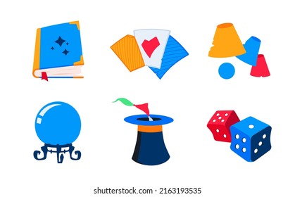 Performance and illusion - flat design style icons set. High quality colorful images of circus, show and divination at the fair. Spell book, card deck, thimbles game, glass ball, dice and magic hat