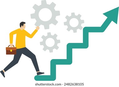 performance improvement concept, quality or progress, Process improvement, efficiency to increase productivity, management strategy, businessman pushing gears to improve improvement graphic diagram.