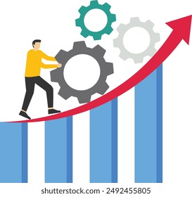 performance improvement concept, quality or progress, Process improvement, efficiency to increase productivity, management strategy, businessman pushing gears to improve improvement graphic diagram.