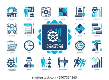 Performance Improvement icon set. Procedures, Productivity, Measuring, Efficiency, Qualification, Customers, Development, Result. Duotone color solid icons