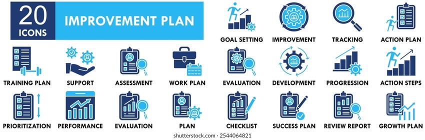 Conjunto de colecciones de iconos de Plan de mejora de rendimiento. Contiene el rendimiento del diseño, la mejora, la gestión, el desarrollo, el éxito