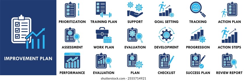 Performance Improvement Plan icon collection set. Containing design performance, improvement, management, development, success