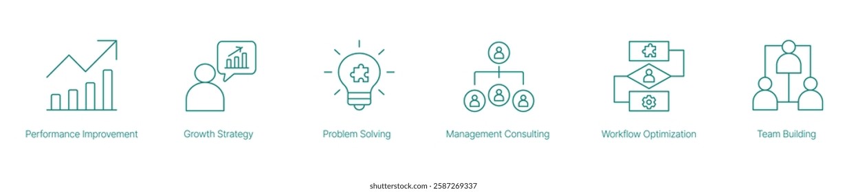 Performance Improvement Vector Icon Set for Growth Strategy Problem Solving Management Consulting Workflow Optimization and Team Building