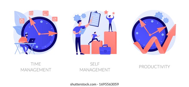 Performance increase ways icons set. Motivation and self discipline, goal achievement. Time management, self management, productivity metaphors. Vector isolated concept metaphor illustrations.