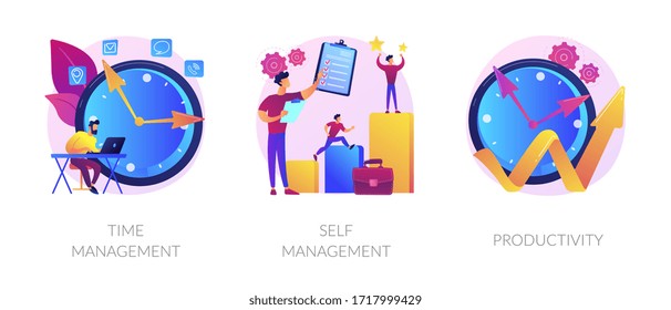 Performance increase ways icons set. Motivation and self discipline, goal achievement. Time management, self management, productivity metaphors. Vector isolated concept metaphor illustrations.