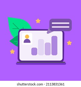 Performance Indicator data report. Computer charts on screen. Measure, development, efficiency, implementation, objective icons. Business concept