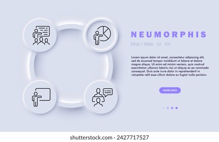 Performance line icon. Corporate communication, employee engagement, pie chart, online call, presentation, idea. Neomorphism style. Vector line icon for business and advertising