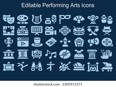 Performance line icon set. Included the icons as mask, mime, stage, concert and more. Vector illustration of thin line icons for business, banking, contact, social media, technology, seo, logistic.