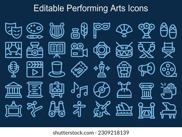 Performance line icon set. Included the icons as mask, mime, stage, concert and more. Theatre icon collection. Duotone color. Vector illustration. Containing spotlight, queue, stage, sound system.