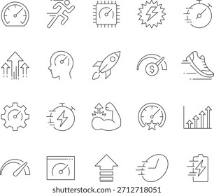 Performance Line Icons Set. Collection of Editable Stroke Symbols for Speed, Efficiency, Optimization, Power, and Improvement. Vector Illustration.