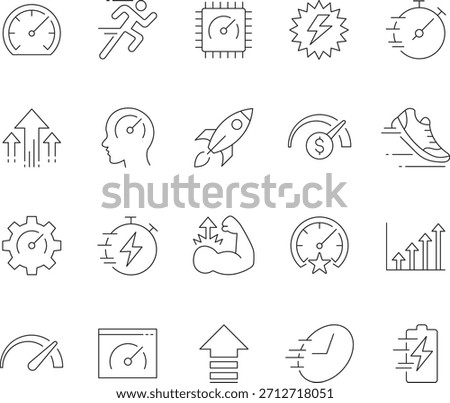 Performance Line Icons Set. Collection of Editable Stroke Symbols for Speed, Efficiency, Optimization, Power, and Improvement. Vector Illustration.