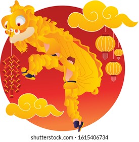 Performance of a lion dance at the chinese new year 2020. Graphic resources for a poster or banner on a metal rat year.