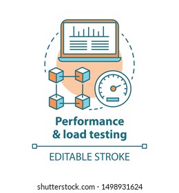 Performance and load testing concept icon. Research system speed, stability. Website speed optimization. Application check idea thin line illustration. Vector isolated outline drawing. Editable stroke
