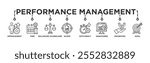 Performance management banner web icon vector illustration concept with icon of improvement, time, balanced scorecard, scope, efficiency, monitored, priorities and goal	