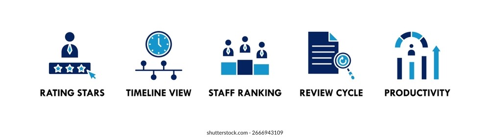 Conceito de ilustração do ícone da Web em banner do Performance Management com ícone de estrelas de classificação, exibição da linha do tempo, classificação da equipe, ciclo de revisão e produtividade