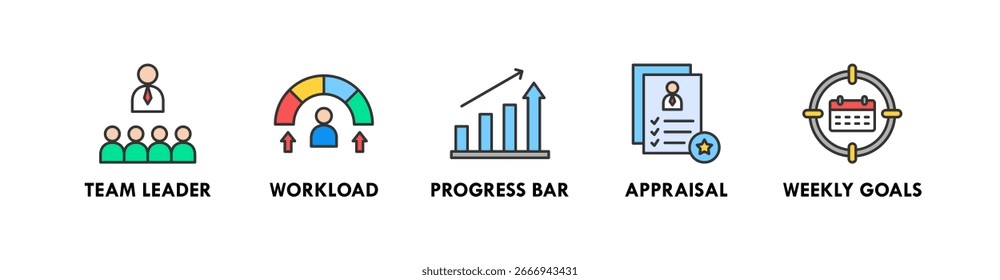 Performance Management banner web icon illustration concept with icon of team leader workload, progress bar, appraisal, and weekly goals