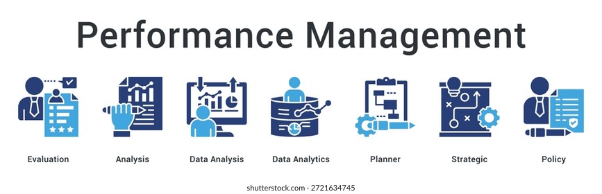 Performance management banner web icon featuring evaluation and analytics with strategic planning and policy frameworks.