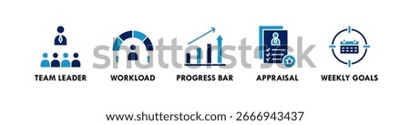 Performance Management banner web icon illustration concept with icon of team leader workload, progress bar, appraisal, and weekly goals