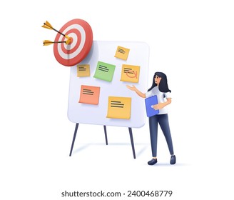 Performance management concept 3D illustration. Character managing work task, setting goals and objectives to professional development, personal improvement and growth. Vector 3D illustration