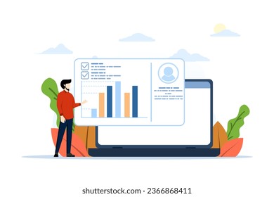 concepto de gestión del rendimiento. El carácter establece metas y objetivos para el desarrollo profesional, la mejora personal y el crecimiento. Concepto objetivo de resultados clave. Ilustración vectorial plana.