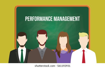 performance management concept in a team illustration with text written on chalkboard 