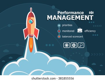 Performance management design and concept background with rocket. Project Performance management concepts for web banner and printed materials.