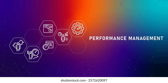 Performance management employee metrics measure productivity and working assessment gradient header human resource design icon outline set