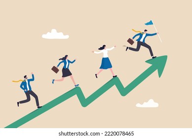 Performance management, employee rating appraisal or review, career growth or plan for improvement, career development concept, businessman and woman employees running up performance graph and chart.