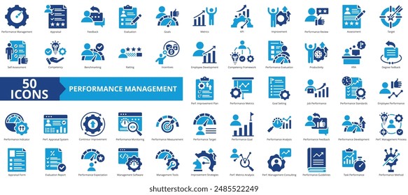 Conjunto de colecciones de iconos de administración del rendimiento. Contiene valoración, Comentarios, evaluación, objetivos, métricas, KPI, ícono de mejora. Sencillo Vector plano.