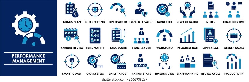 Conjunto de coleta de ícones do Performance Management. Contendo desempenho de design, negócios, estratégia, gerenciamento, marketing