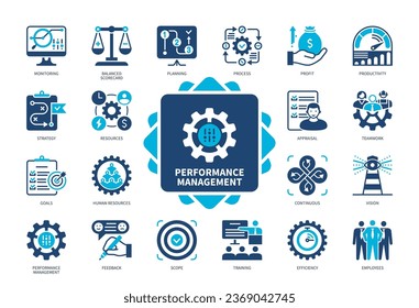 Symbol für das Leistungsmanagement eingestellt. Überwachung, Teamarbeit, Produktivität, Personal, ausgewogene Scorecard, Ziele, Gewinn, Effizienz. Duotone-Farbsymbole