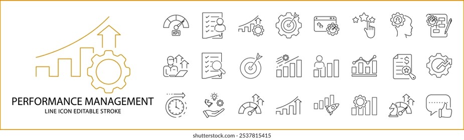 Performance Management icons In Line Style. Containing improvement, business, analysis, process, growth, development, strategy, optimization, etc. Icon Set. vector Illustration. Editable Stroke.