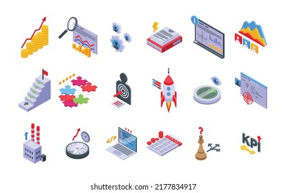 Performance management icons set isometric vector. Hypothesis stydy. Finance people