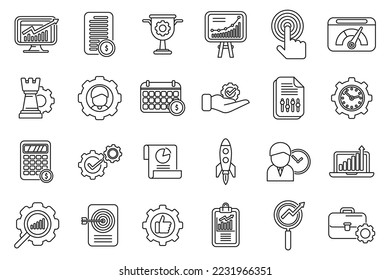 Performance management icons set outline vector. People study. Finance monitor