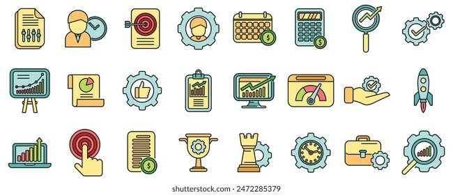 Performance management icons set outline vector. People study. Finance monitor thin line color flat on white