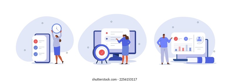 Performance management illustration set. Characters setting goals and objectives to professional development, continuous improvement and personal growth. Business concept. Vector illustration.