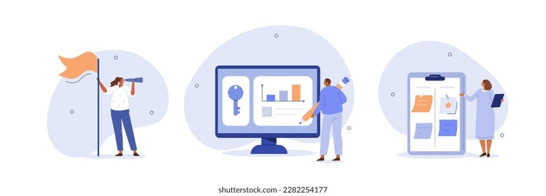 Performance management illustration set. Characters setting goals and objectives to professional development, personal improvement and growth. Objective key result concept. Vector illustration.