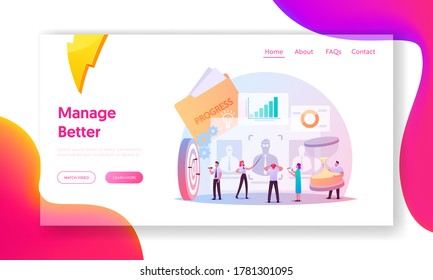 Performance Management Landing Page Template. Characters in Process of Ensuring Activities and Outputs Meet an Organization Goals in Effective and Efficient Manner. Cartoon People Vector Illustration