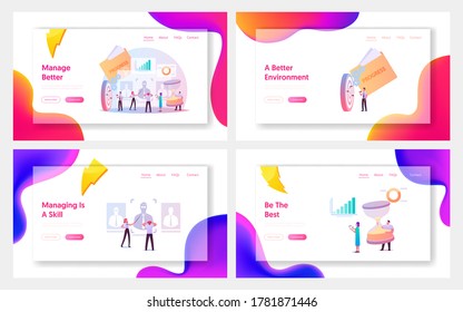 Performance Management Landing Page Template Set. Characters in Process of Ensuring Activities and Outputs Organization Goals in Effective and Efficient Manner. Cartoon People Vector Illustration