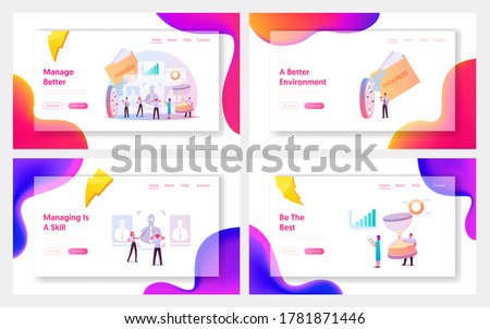 Performance Management Landing Page Template Set. Characters in Process of Ensuring Activities and Outputs Organization Goals in Effective and Efficient Manner. Cartoon People Vector Illustration